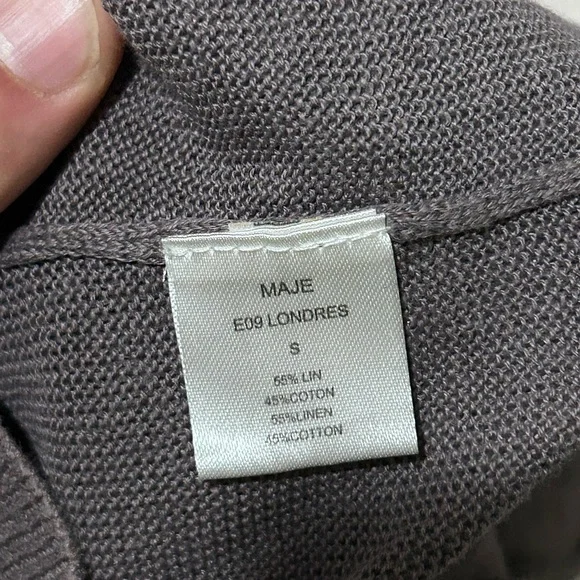Maje Cardigan Cotton Linen Blend Women's S Small Sweater Gray Grey Deep V Neck